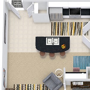 The Budapest 3D The Budapest 3D. 1 bedroom apartment. Kitchen with island open to living/dining rooms. 1 full bathroom. Walk-in closet. Patio/balcony.
